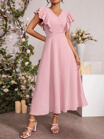 Women's V-Neck Splicing And Ruffles Edge Design Dress