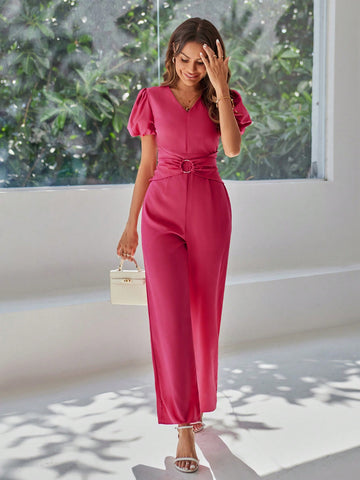 Women's V-neck Bubble Short Sleeve Jumpsuit