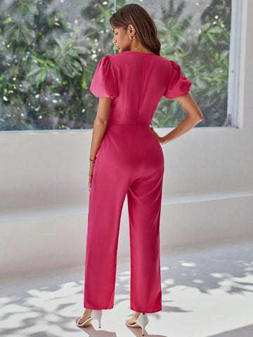 Women's V-neck Bubble Short Sleeve Jumpsuit