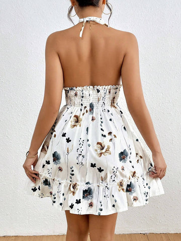 Women's Vacation Floral Print Waist Tie Halter Neck Shirred Dress