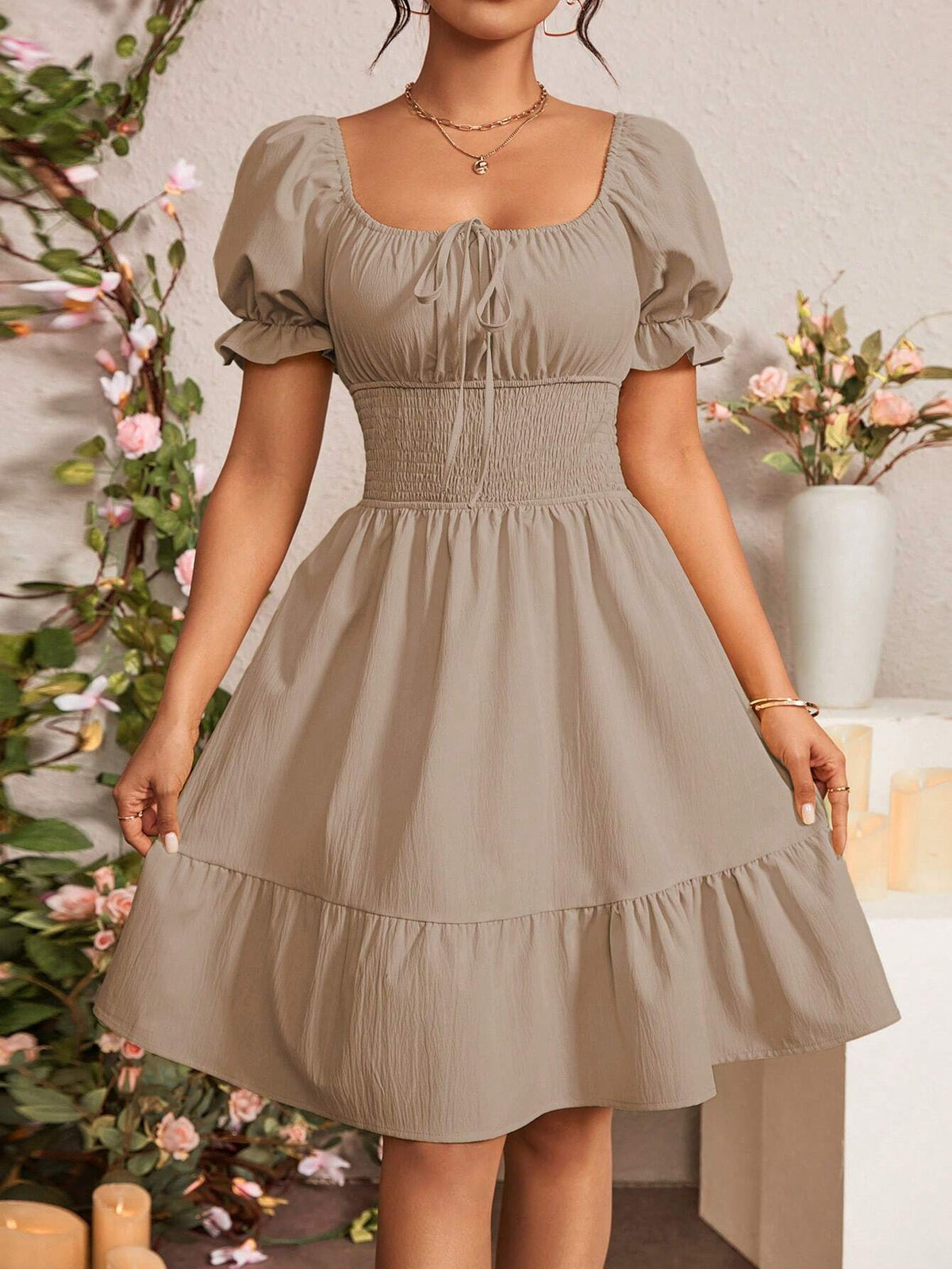 Women's Vacation Solid Shirred Tie Front Puff Sleeve Cinched Waist Mini Dress