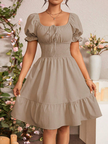Women's Vacation Solid Shirred Tie Front Puff Sleeve Cinched Waist Mini Dress