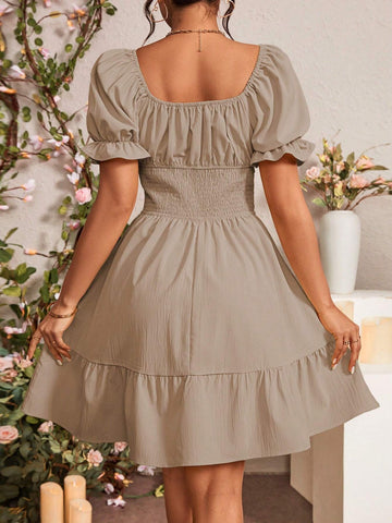 Women's Vacation Solid Shirred Tie Front Puff Sleeve Cinched Waist Mini Dress