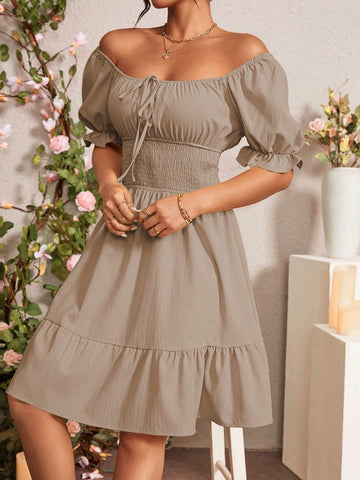 Women's Vacation Solid Shirred Tie Front Puff Sleeve Cinched Waist Mini Dress