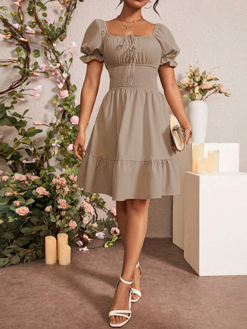 Women's Vacation Solid Shirred Tie Front Puff Sleeve Cinched Waist Mini Dress