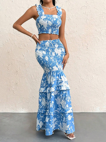 Women's Vacation Style Blue & White Floral Print Wrap Maxi Skirt And Frilled Hem Tank Top 2pcs Set
