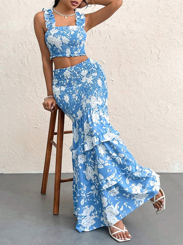 Women's Vacation Style Blue & White Floral Print Wrap Maxi Skirt And Frilled Hem Tank Top 2pcs Set