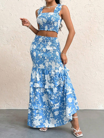 Women's Vacation Style Blue & White Floral Print Wrap Maxi Skirt And Frilled Hem Tank Top 2pcs Set