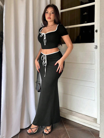 Women's Valentine's Day Holiday Bow Tie Short Sleeve Top And Mermaid Hem Midi Skirt Set