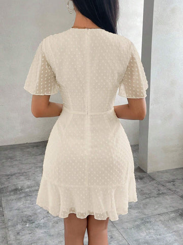 Women's Valentine's Day Polka Dot Chiffon Dress With Ruffled Sleeves And Flared Hem