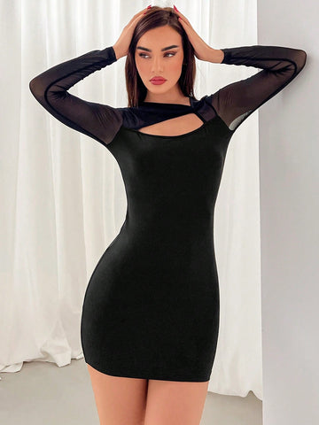 Women's Valentine's Day Twist Netting Panel Bodycon Ruched Mini Dress For Holiday And Date