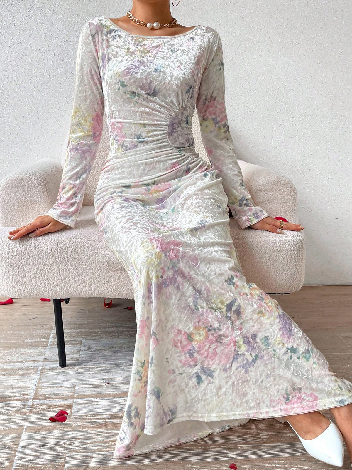 Women's Velvet Floral Print Ruffle Hem Mermaid Dress