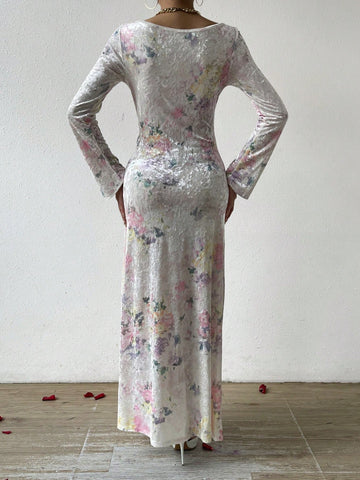 Women's Velvet Floral Print Ruffle Hem Mermaid Dress