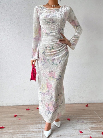 Women's Velvet Floral Print Ruffle Hem Mermaid Dress