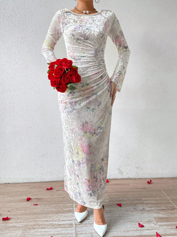 Women's Velvet Floral Print Ruffle Hem Mermaid Dress