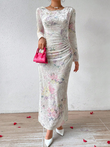 Women's Velvet Floral Print Ruffle Hem Mermaid Dress