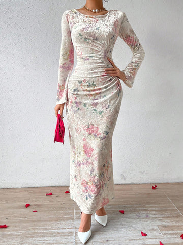 Women's Velvet Floral Print Ruffle Hem Mermaid Dress