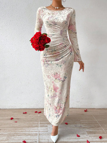 Women's Velvet Floral Print Ruffle Hem Mermaid Dress