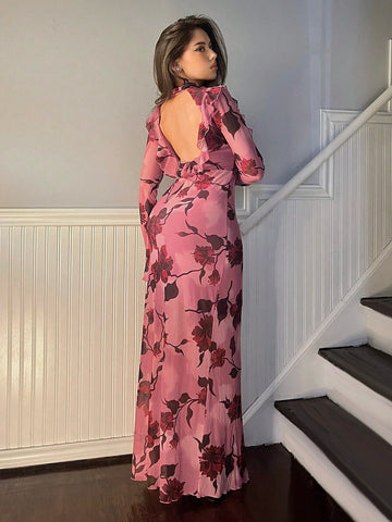 Women's Vintage Floral Print Bodycon Dress With Ruffle Hem And Bell Sleeves