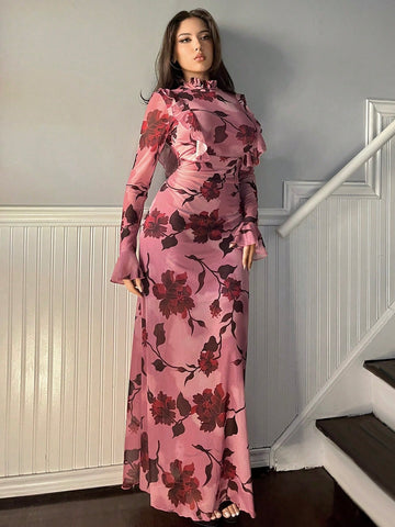 Women's Vintage Floral Print Bodycon Dress With Ruffle Hem And Bell Sleeves