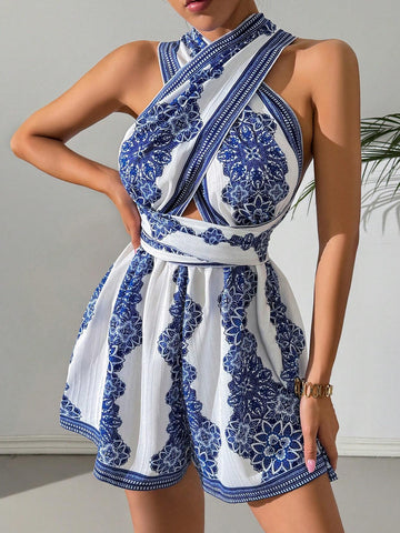 Women's Vintage Style Printed Cross Strap Jumpsuit