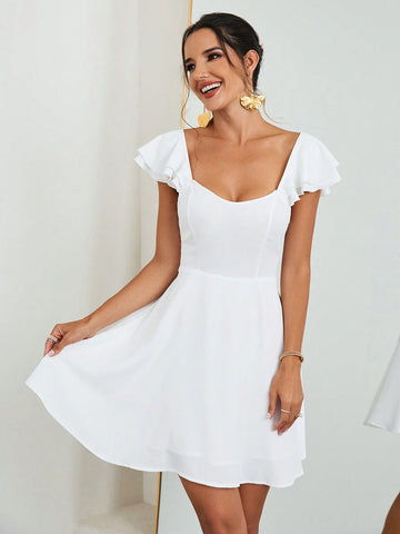 Women's White Backless Swing Dress With Umbrella Skirt For Valentine's Day, Holiday, Spring, Summer