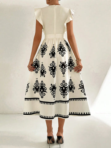 Women's White Cap Sleeve V-Neck Dress With Floral Print