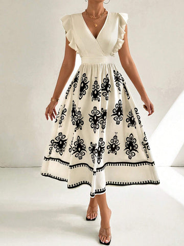 Women's White Cap Sleeve V-Neck Dress With Floral Print