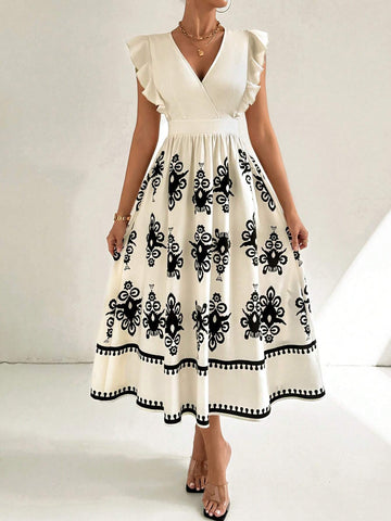 Women's White Cap Sleeve V-Neck Dress With Floral Print