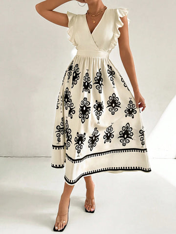 Women's White Cap Sleeve V-Neck Dress With Floral Print