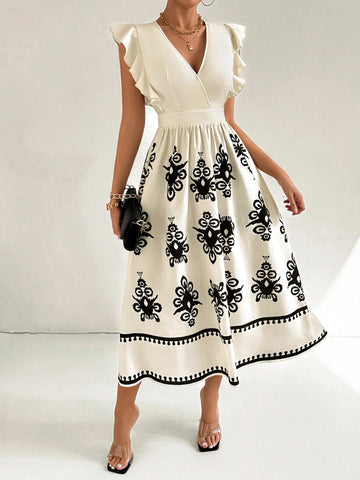 Women's White Cap Sleeve V-Neck Dress With Floral Print