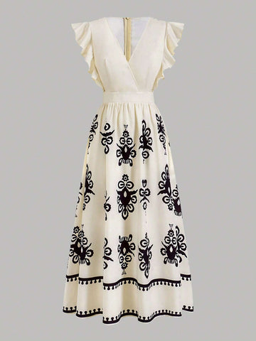 Women's White Cap Sleeve V-Neck Dress With Floral Print