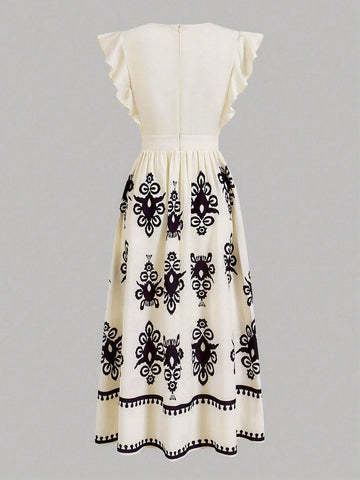 Women's White Cap Sleeve V-Neck Dress With Floral Print