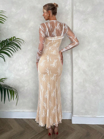 Women's White Lace Spaghetti Strap Long Dress With Bolero Long Sleeve
