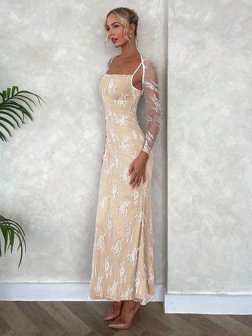 Women's White Lace Spaghetti Strap Long Dress With Bolero Long Sleeve