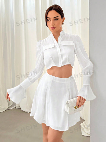 Women's White Long Sleeve Standing Collar Two Piece Set,Two Piece Beach Set,Women Two Piece Sets,Semi-Skirt Two-Piece Set,White Summer Two Piece Sets ,Summer Outfits,Romantic Commute,Sexy Vacation , Music Festival ,Wedding Guest