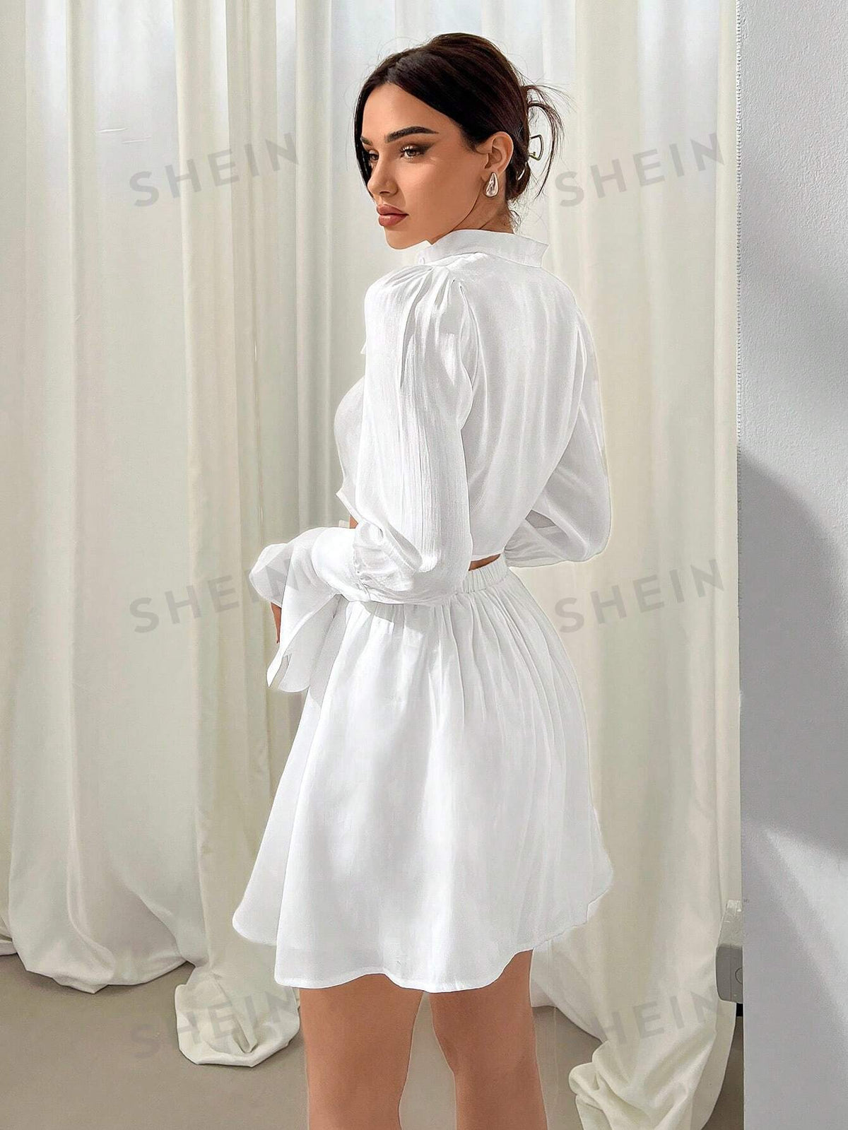 Women's White Long Sleeve Standing Collar Two Piece Set,Two Piece Beach Set,Women Two Piece Sets,Semi-Skirt Two-Piece Set,White Summer Two Piece Sets ,Summer Outfits,Romantic Commute,Sexy Vacation , Music Festival ,Wedding Guest