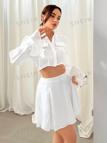 Women's White Long Sleeve Standing Collar Two Piece Set,Two Piece Beach Set,Women Two Piece Sets,Semi-Skirt Two-Piece Set,White Summer Two Piece Sets ,Summer Outfits,Romantic Commute,Sexy Vacation , Music Festival ,Wedding Guest