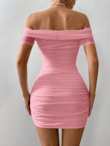 Women's White Open Shoulder Short Sleeve Bubble Faux Pearl Fitted Dress