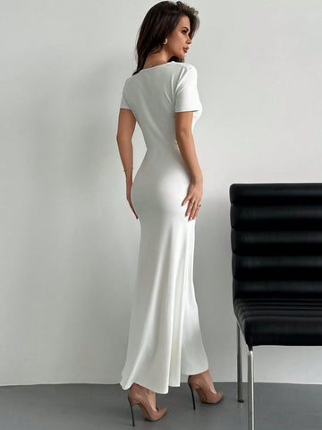 Women's White V-Neck Fish Tail Dress With Unique Collar Design