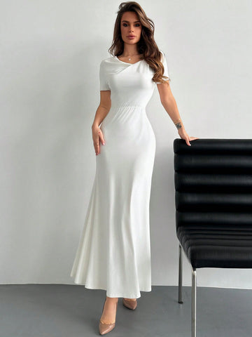 Women's White V-Neck Fish Tail Dress With Unique Collar Design
