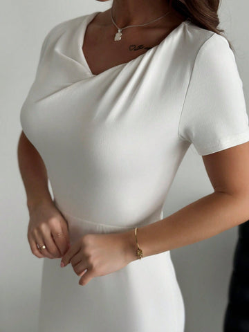 Women's White V-Neck Fish Tail Dress With Unique Collar Design