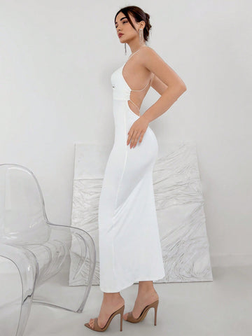 Women's White V-Neck Twist Front Backless Dress