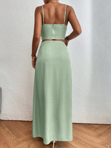 Wrap Over V Neck Cami Top And High Slit Skirt Two Piece Set