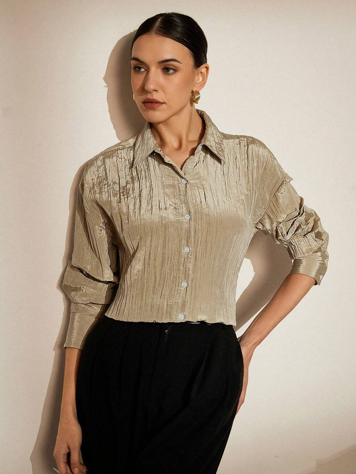 Privé Wrinkle Texture Stripe Effect Collar Button Long Sleeve Shirt For Commuting And Matching