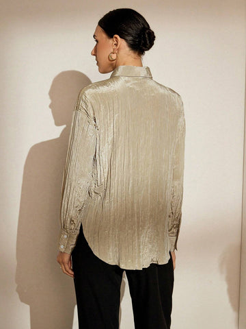 Privé Wrinkle Texture Stripe Effect Collar Button Long Sleeve Shirt For Commuting And Matching