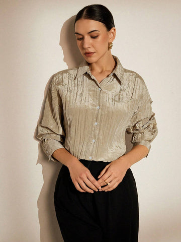 Privé Wrinkle Texture Stripe Effect Collar Button Long Sleeve Shirt For Commuting And Matching