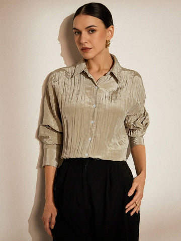 Privé Wrinkle Texture Stripe Effect Collar Button Long Sleeve Shirt For Commuting And Matching