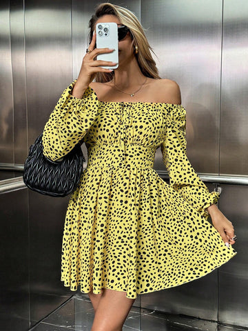 Yellow Polka Dot Print Puff Sleeve Belted Mini Dress