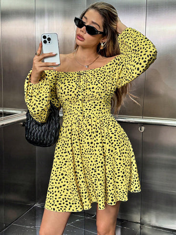 Yellow Polka Dot Print Puff Sleeve Belted Mini Dress